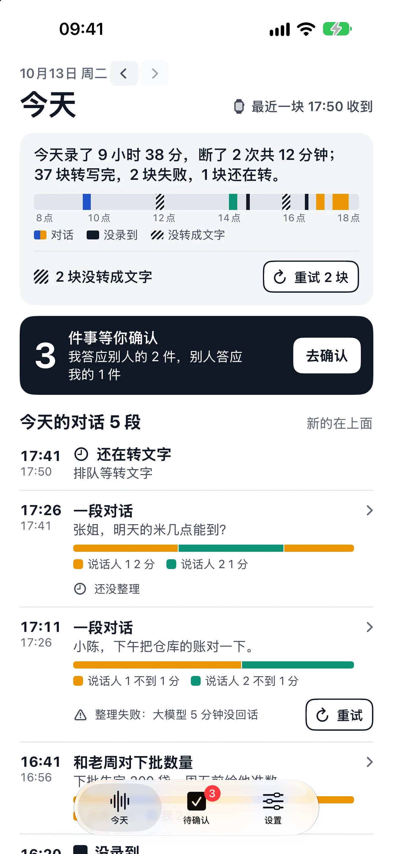手机上的「今天」：最上面写今天录了 9 小时 38 分，断了 2 次共 12 分钟，37 块转写完、2 块失败、1 块还在转；下面是一天的时间条、3 件事等你确认和今天的对话列表。