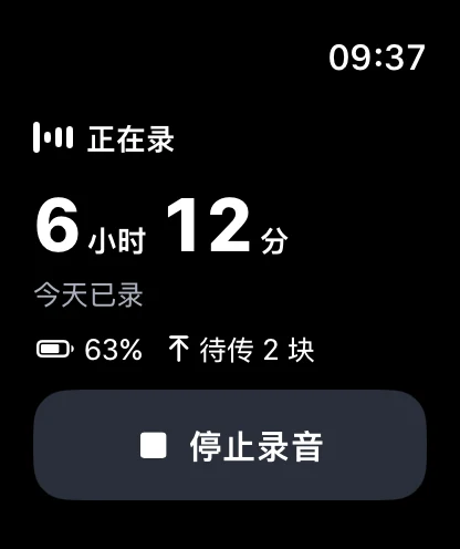 手表正在录：今天已录 6 小时 12 分，电量 63%，待传 2 块，下面是「停止录音」按钮。